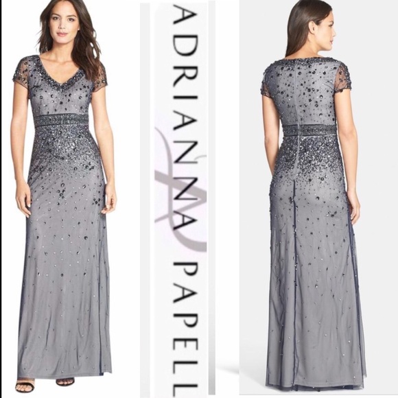 Adrianna Papell short sleeve gem and sequin long dress - Picture 3 of 9